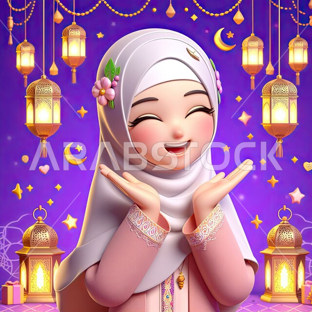 رسم توضيحي ثلاثي الابعاد لفتاة مسلمة عربية خليجية سعودية مبتسمة ترتدي الحجاب تقف بإيماءات وتعابير السعادة والسرور بقدوم شهر رمضان المبارك، رموز دينية اسلامية، فوانيس وزينة واضاءة شهر الخير، خلفية بنفسجية
