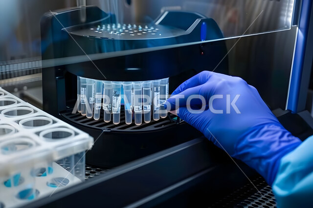 استخدام الأنبوبة الزجاجية المعقمة لتحليل العينات المختلفة، إجراء تجارب وبحوث علمية عبر التكنولوجيا الحيوية، مختبرات الفحوصات الطبية والتحاليل الكيمائية، صورة مقربة ليد مخبري يرتدي القفازات و يمسك بيده أنابيب الاختبار، معمل الصناعات الدوائية