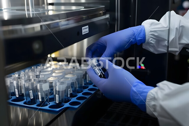 استخدام الأنبوبة الزجاجية المعقمة لتحليل العينات المختلفة، إجراء تجارب وبحوث علمية عبر التكنولوجيا الحيوية، مختبرات الفحوصات الطبية والتحاليل الكيمائية، صورة مقربة ليد مخبري يرتدي القفازات و يمسك بيده أنابيب الاختبار، معمل الصناعات الدوائية