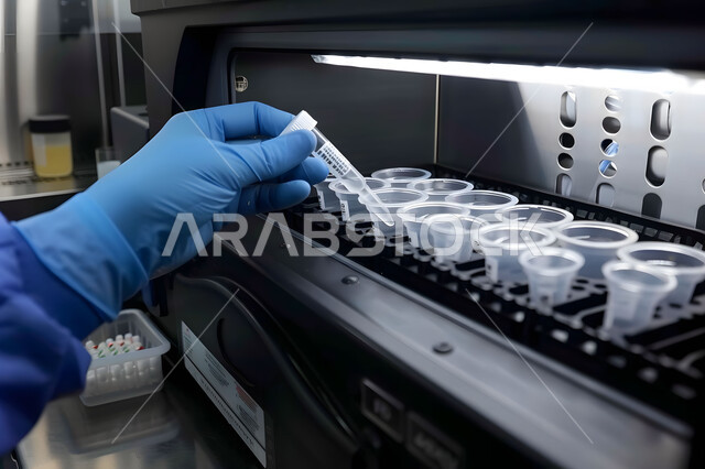 استخدام الأنبوبة الزجاجية المعقمة لتحليل العينات المختلفة، إجراء تجارب وبحوث علمية عبر التكنولوجيا الحيوية، مختبرات الفحوصات الطبية والتحاليل الكيمائية، صورة مقربة ليد مخبري يرتدي القفازات و يمسك بيده أنابيب الاختبار، معمل الصناعات الدوائية