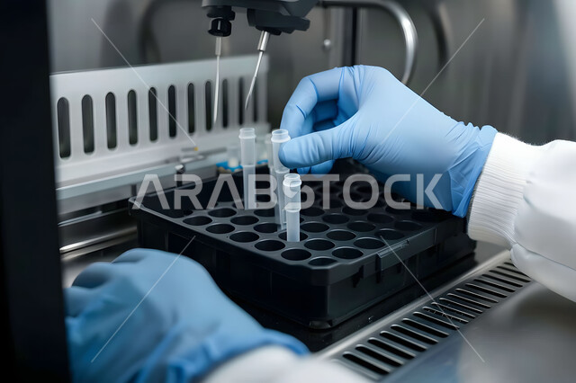 إجراء تجارب وبحوث علمية عبر التكنولوجيا الحيوية، مختبرات الفحوصات الطبية والتحاليل الكيمائية، صورة مقربة ليد مخبري يرتدي القفازات و يمسك بيده أنابيب الاختبار، استخدام الأنبوبة الزجاجية المعقمة لتحليل العينات المختلفة، معمل الصناعات الدوائية