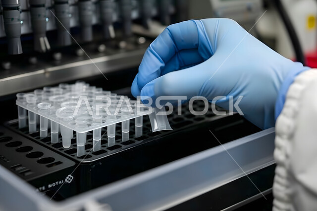 إجراء تجارب وبحوث علمية عبر التكنولوجيا الحيوية، مختبرات الفحوصات الطبية والتحاليل الكيمائية، صورة مقربة ليد مخبري يرتدي القفازات و يمسك بيده أنابيب الاختبار، استخدام الأنبوبة الزجاجية المعقمة لتحليل العينات المختلفة، معمل الصناعات الدوائية
