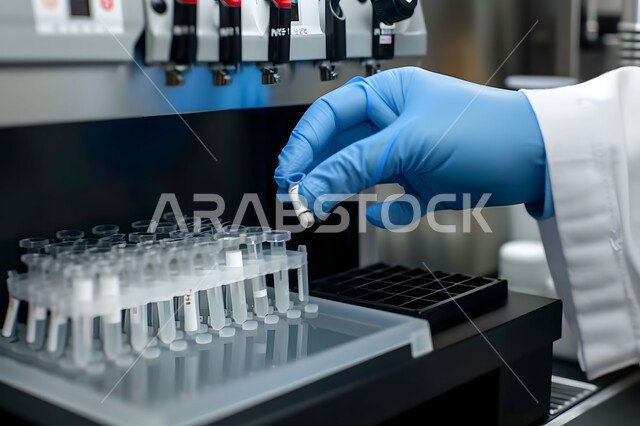 إجراء تجارب وبحوث علمية عبر التكنولوجيا الحيوية، مختبرات الفحوصات الطبية والتحاليل الكيمائية، صورة مقربة ليد مخبري يرتدي القفازات و يمسك بيده أنابيب الاختبار، استخدام الأنبوبة الزجاجية المعقمة لتحليل العينات المختلفة، معمل الصناعات الدوائية