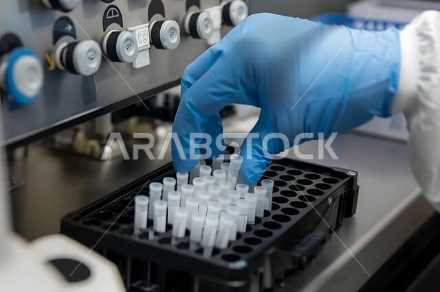 Medical examination and chemical analysis laboratories, a close-up of a laboratory hand wearing gloves and holding test tubes in his hand, using sterile glass tubes to analyze various samples, conducting scientific experiments and research through biotechnology, pharmaceutical industry laboratory