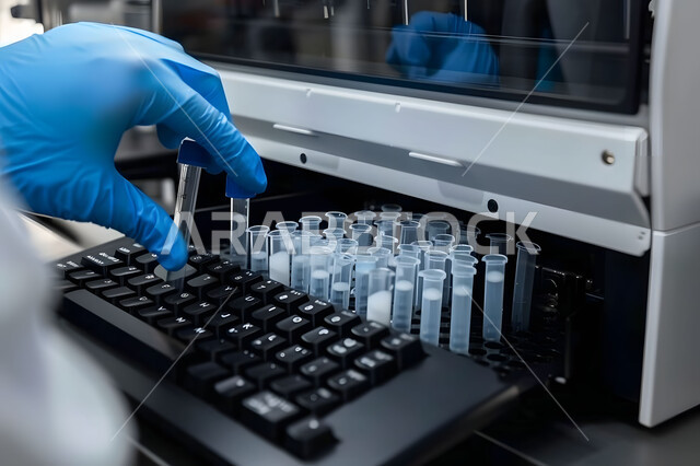 Medical examination and chemical analysis laboratories, a close-up of a laboratory hand wearing gloves and holding test tubes in his hand, using sterile glass tubes to analyze various samples, conducting scientific experiments and research through biotechnology, pharmaceutical industry laboratory