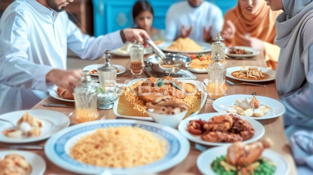 تحضير وتجهيز الإفطار في شهر رمضان المبارك، صورة مقربة لسفرة رمضانية مليئة بأصناف الطعام والمقبلات الشهية والمشروبات، عائلة عربية خليجية سعودية مجتمعة حول المائدة، المأكولات الشرقية التقليدية في المملكة العربية السعودية