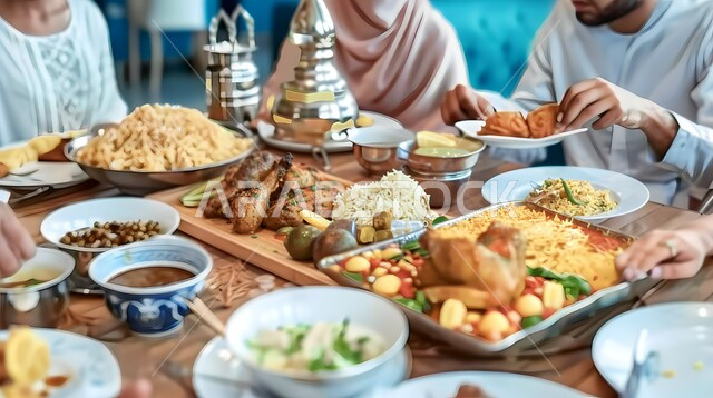 المأكولات الشرقية التقليدية في المملكة العربية السعودية، تحضير وتجهيز مائدة الإفطار في شهر رمضان المبارك، صورة مقربة لسفرة رمضانية مليئة بأصناف الطعام والمقبلات الشهية والمشروبات