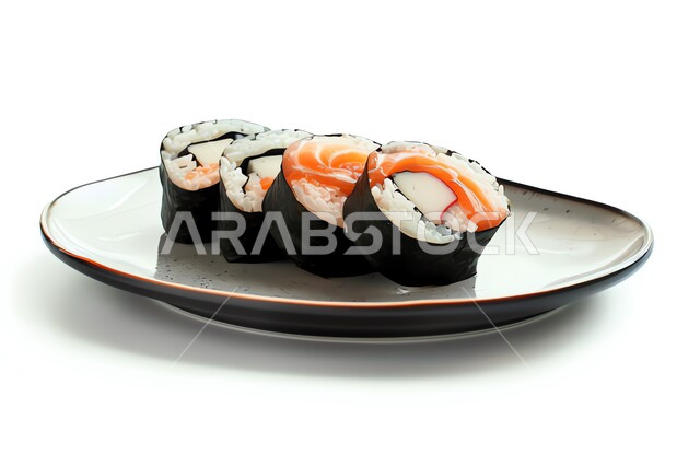 مطابخ متخصصة في الأطباق البحرية، طبق مليء بلفائف وقطع السوشي اللذيذ، مطاعم تقدم المأكولات الأسيوية في المملكة العربية السعودية، وصفات طعام وأكلات شهية، وجبات الطعام الصحية، خلفية بيضاء