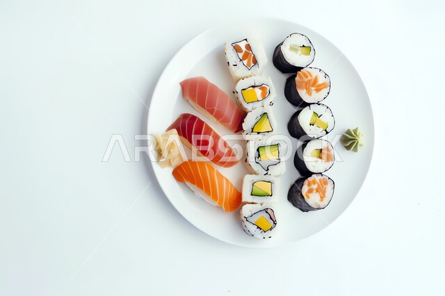 A plate full of delicious sushi rolls and pieces, kitchens specializing in seafood dishes, restaurants serving Asian cuisine in the Kingdom of Saudi Arabia, recipes and delicious dishes, healthy meals, white background