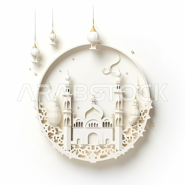 دعوة المسلمين لاداء الصلوات والطاعة، قوالب تصاميم اسلامية دينية، مجسم ثلاثي الابعاد لمسجد على الطراز المعماري الاسلامي، العبادة والتقرب الى الله في شهر رمضان المبارك، فوانيس وزينة وديكورات الاعياد والمناسبات التقليدية، خلفية بيضاء