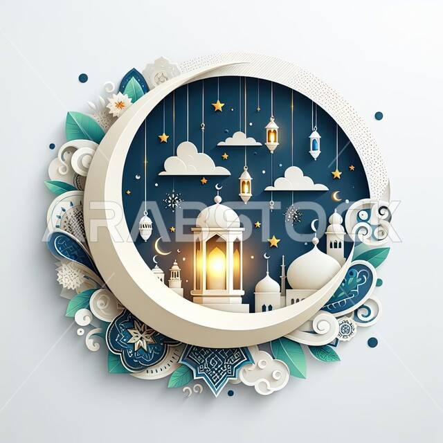 Islamic religious design templates, a three-dimensional model of a mosque in the Islamic architectural style, worship and getting closer to God in the blessed month of Ramadan, lanterns, decorations and decorations for traditional holidays and occasions, calling Muslims to perform prayers and obedience, white background.