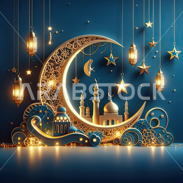 Worship and drawing closer to God in the holy month of Ramadan, lanterns, decorations, and decorations for holidays and traditional occasions, calling Muslims to perform prayers and obedience, Islamic religious design templates, a three-dimensional model of a mosque in the Islamic architectural style
