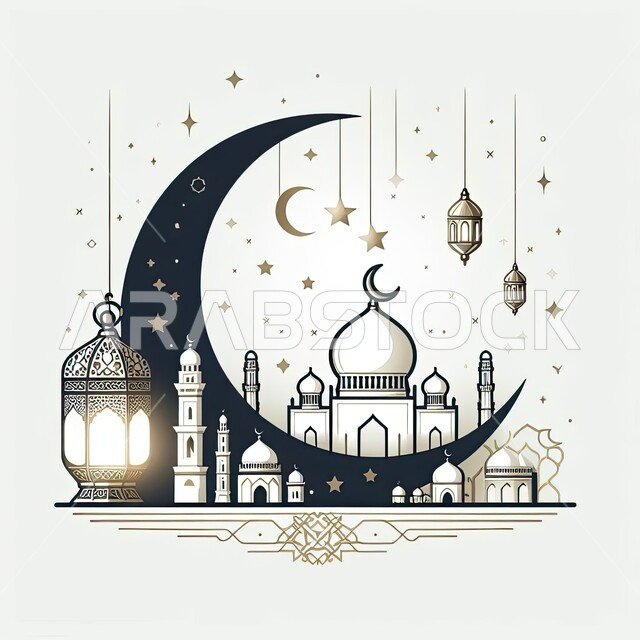 هلال وفوانيس وزينة وديكورات الاعياد والمناسبات التقليدية، دعوة المسلمين لاداء الصلوات والطاعة، قوالب تصاميم اسلامية دينية، مجسم ثلاثي الابعاد لمسجد على الطراز المعماري الاسلامي، العبادة والتقرب الى الله في شهر رمضان المبارك