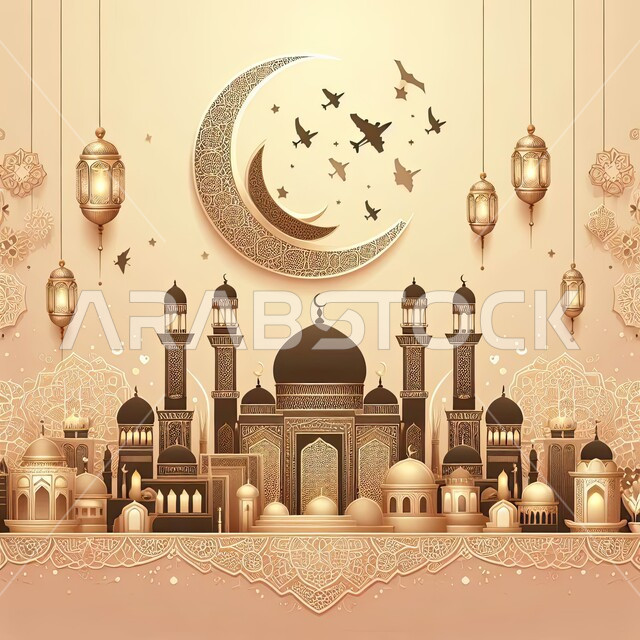  العبادة والتقرب الى الله في شهر رمضان المبارك، هلال وفوانيس وزينة وديكورات الاعياد والمناسبات التقليدية، دعوة المسلمين لاداء الصلوات والطاعة، قوالب تصاميم اسلامية دينية، مجسم ثلاثي الابعاد لمسجد على الطراز المعماري الاسلامي