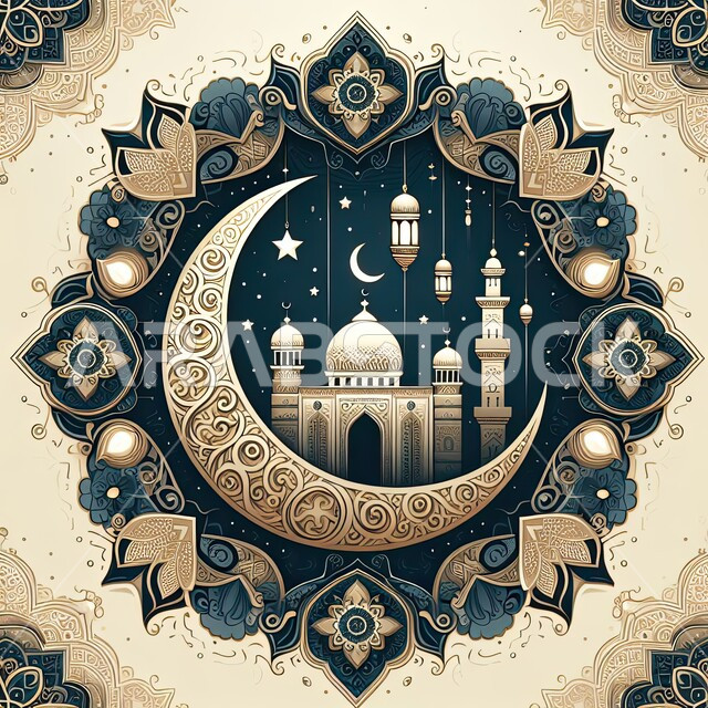 A three-dimensional model of a mosque in the Islamic architectural style, worship and drawing closer to God in the blessed month of Ramadan, crescent moon, lanterns, decorations and decorations for traditional holidays and occasions, inviting Muslims to perform prayers and obedience, templates for religious Islamic designs