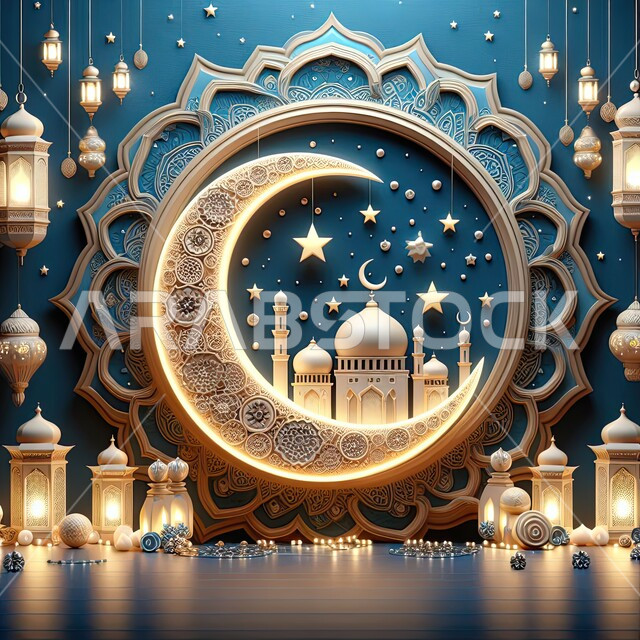  العبادة والتقرب الى الله في شهر رمضان المبارك، فوانيس وزينة وديكورات الاعياد والمناسبات التقليدية، دعوة المسلمين لاداء الصلوات والطاعة، قوالب تصاميم اسلامية دينية، مجسم ثلاثي الابعاد لمسجد على الطراز المعماري الاسلامي