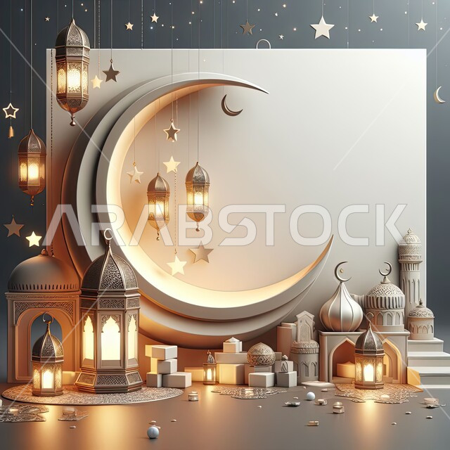 الإحتفال والاستعداد لاستقبال شهر الخير، ديكورات وأنوار اسلامية، أجواء رمضانية روحانية، فوانيس عربية تقليدية معدنية مزخرفة مضيئة، هلال وإضاءة وزينة شهر رمضان المبارك، تحف رمضانية ثلاثية الأبعاد