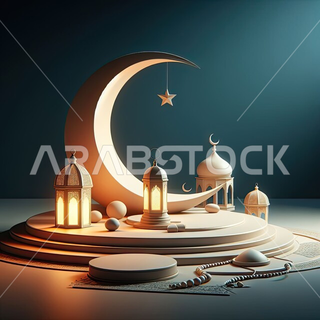 هلال وإضاءة وزينة شهر رمضان المبارك، تحف رمضانية ثلاثية الأبعاد، الإحتفال والاستعداد لاستقبال شهر الخير، ديكورات وأنوار اسلامية، أجواء رمضانية روحانية، فوانيس عربية تقليدية معدنية مزخرفة مضيئة