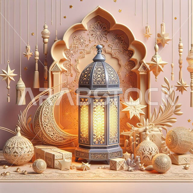 الإحتفال والاستعداد لاستقبال شهر الخير، ديكورات وأنوار اسلامية، أجواء رمضانية روحانية، فوانيس عربية تقليدية معدنية مزخرفة مضيئة، هلال وإضاءة وزينة شهر رمضان المبارك، تحف رمضانية ثلاثية الأبعاد