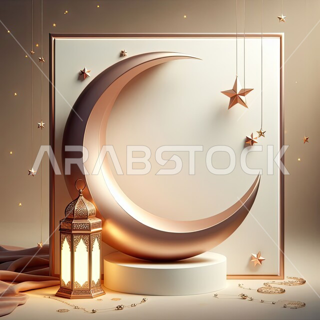 هلال وإضاءة وزينة شهر رمضان المبارك، تحف رمضانية ثلاثية الأبعاد، الإحتفال والاستعداد لاستقبال شهر الخير، ديكورات وأنوار اسلامية، أجواء رمضانية روحانية، فوانيس عربية تقليدية معدنية مزخرفة مضيئة
