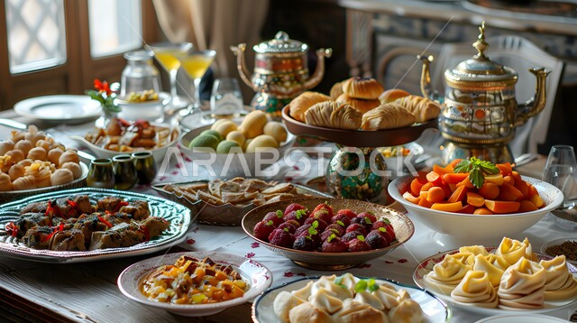 مطاعم ومطابخ المملكة العربية السعودية، أنواع الأطعمة الشرقية العربية في موائد شهر رمضان المبارك، موعد الإفطار عند اذان المغرب، سفرة مليئة بأصناف المأكولات والمقبلات الشهية، الوجبات والأطباق الرئيسية على مائدة الطعام