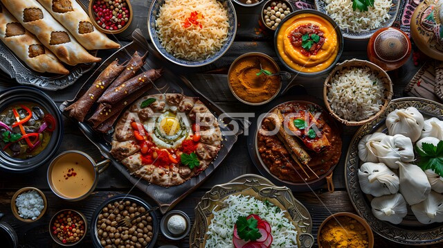  سفرة مليئة بأصناف المأكولات والمقبلات الشهية، الوجبات والأطباق الرئيسية على مائدة الطعام، مطاعم ومطابخ المملكة العربية السعودية، أنواع الأطعمة الشرقية العربية في موائد شهر رمضان المبارك، موعد الإفطار عند اذان المغرب