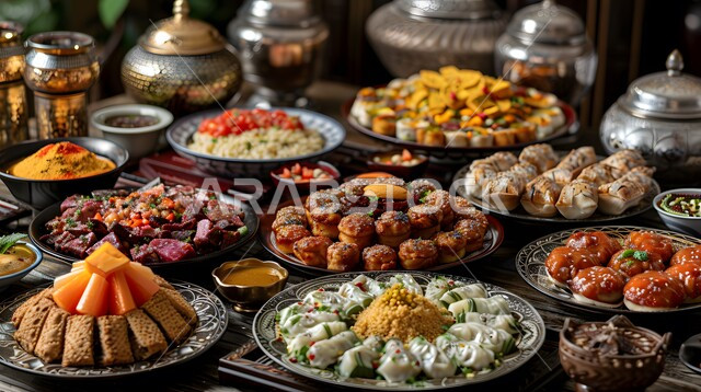 الوجبات والأطباق الرئيسية على مائدة الطعام، أنواع الأطعمة الشرقية العربية في موائد شهر رمضان المبارك، موعد الإفطار عند اذان المغرب، مطاعم ومطابخ المملكة العربية السعودية، سفرة مليئة بأصناف المأكولات والمقبلات الشهية