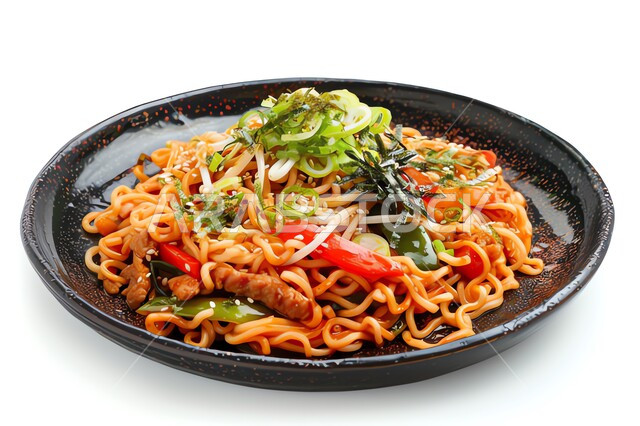 A plate of spaghetti pasta with vegetables decorated with green herbs, East Asian dishes and meals, a meal of delicious pasta, a bowl of noodles with fresh vegetables, fast food restaurants, white background