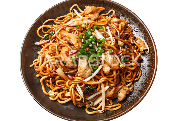A bowl of noodles with fresh vegetables, a plate of spaghetti pasta with vegetables decorated with green herbs, East Asian dishes and meals, a meal of delicious pasta, fast food restaurants, white background