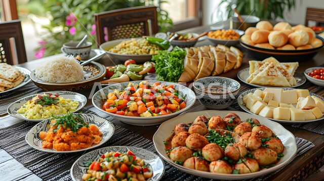 موعد الإفطار عند اذان المغرب،  سفرة مليئة بأصناف المأكولات والمقبلات الشهية، الوجبات والأطباق الرئيسية على مائدة الطعام، مطاعم ومطابخ المملكة العربية السعودية، أنواع الأطعمة الشرقية العربية في موائد شهر رمضان المبارك