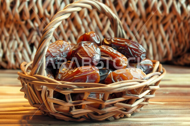  تمر سكري صحي طازج, وجبة ذات قيمة غذائية عالية، صورة مقربة لسلة مصنوعة من القش مليئة بحبات الرطب من نخيل المملكة العربية السعودية، محاصيل ومنتجات زراعية محلية وطنية سعودية، ضيافة رمضانية لذيذة