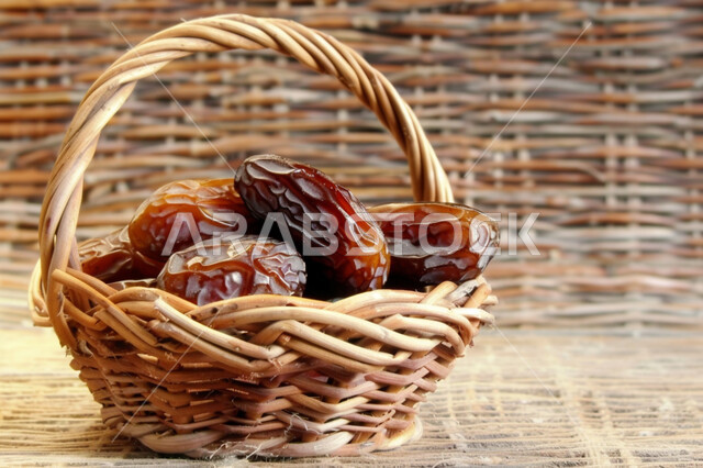  تمر سكري صحي طازج, وجبة ذات قيمة غذائية عالية، صورة مقربة لسلة مصنوعة من القش مليئة بحبات الرطب من نخيل المملكة العربية السعودية، محاصيل ومنتجات زراعية محلية وطنية سعودية، ضيافة رمضانية لذيذة