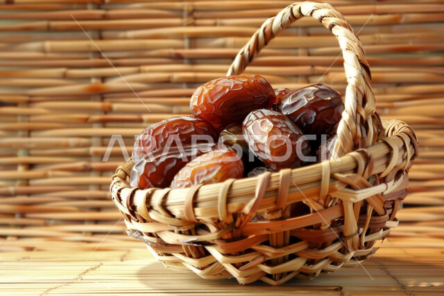  تمر سكري صحي طازج, وجبة ذات قيمة غذائية عالية، صورة مقربة لسلة مصنوعة من القش مليئة بحبات الرطب من نخيل المملكة العربية السعودية، محاصيل ومنتجات زراعية محلية وطنية سعودية، ضيافة رمضانية لذيذة