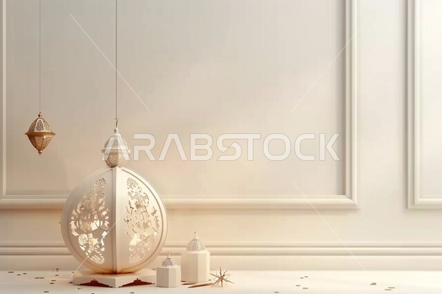 هلال وإضاءة وزينة شهر رمضان المبارك, تحف رمضانية ثلاثية الأبعاد ,الإحتفال والاستعداد لاستقبال شهر الخير، ديكورات وأنوار اسلامية، أجواء رمضانية روحانية، فوانيس عربية تقليدية معدنية مزخرفة مضيئة