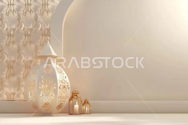 هلال وإضاءة وزينة شهر رمضان المبارك, تحف رمضانية ثلاثية الأبعاد ,الإحتفال والاستعداد لاستقبال شهر الخير، ديكورات وأنوار اسلامية، أجواء رمضانية روحانية، فوانيس عربية تقليدية معدنية مزخرفة مضيئة