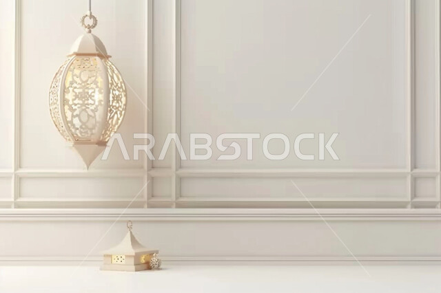 Crescent, lighting and decorations for the holy month of Ramadan, three-dimensional Ramadan antiques, celebrating and preparing to welcome the month of goodness, Islamic decorations and lights, spiritual Ramadan atmosphere, traditional Arabic metal lanterns, decorated with luminous