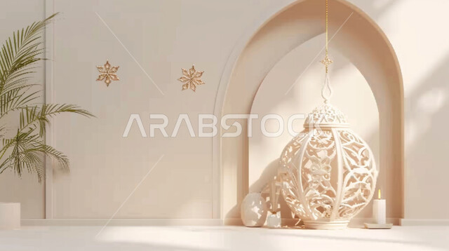 تحف رمضانية ثلاثية الأبعاد ,الإحتفال والاستعداد لاستقبال شهر الخير، ديكورات وأنوار اسلامية، أجواء رمضانية روحانية، فوانيس عربية تقليدية معدنية مزخرفة مضيئة، هلال وإضاءة وزينة شهر رمضان المبارك