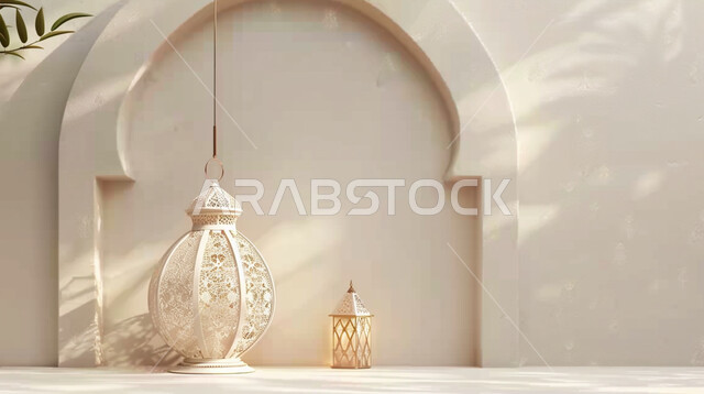 تحف رمضانية ثلاثية الأبعاد ,الإحتفال والاستعداد لاستقبال شهر الخير، ديكورات وأنوار اسلامية، أجواء رمضانية روحانية، فوانيس عربية تقليدية معدنية مزخرفة مضيئة، هلال وإضاءة وزينة شهر رمضان المبارك