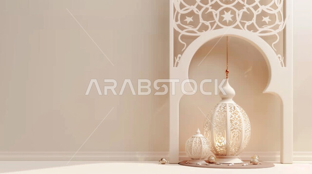 تحف رمضانية ثلاثية الأبعاد ,الإحتفال والاستعداد لاستقبال شهر الخير، ديكورات وأنوار اسلامية، أجواء رمضانية روحانية، فوانيس عربية تقليدية معدنية مزخرفة مضيئة، هلال وإضاءة وزينة شهر رمضان المبارك