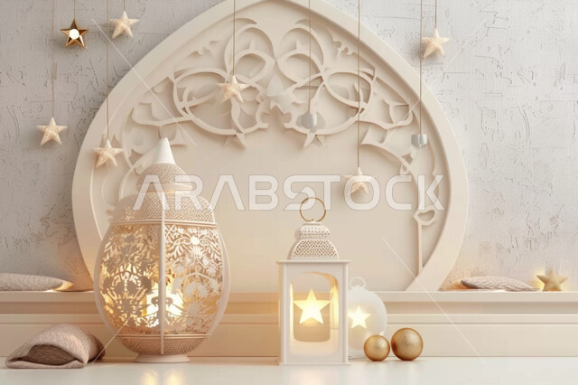 Spiritual Ramadan atmosphere, crescent moon, lighting and decorations for the holy month of Ramadan, three-dimensional Ramadan antiques, celebration and preparation to welcome the month of goodness, Islamic decorations and lights, traditional Arabic metal lanterns, decorated with luminous
