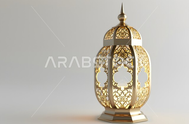 إضاءة وزينة شهر رمضان المبارك، فوانيس وتحف اسلامية تقليدية للاحتفال بقدوم شهر الخير،  فانوس عربي معدني مزخرف باللون الذهبي، مصابيح وأنوار في الأجواء الرمضانية الروحانية، خلفية بيضاء