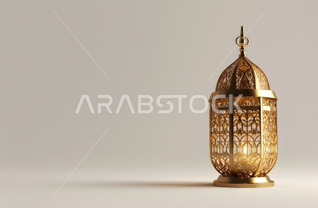  فانوس عربي معدني مزخرف باللون الذهبي، إضاءة وزينة شهر رمضان المبارك، مصابيح وأنوار في الأجواء الرمضانية الروحانية، فوانيس وتحف اسلامية تقليدية للاحتفال بقدوم شهر الخير، خلفية بيضاء
