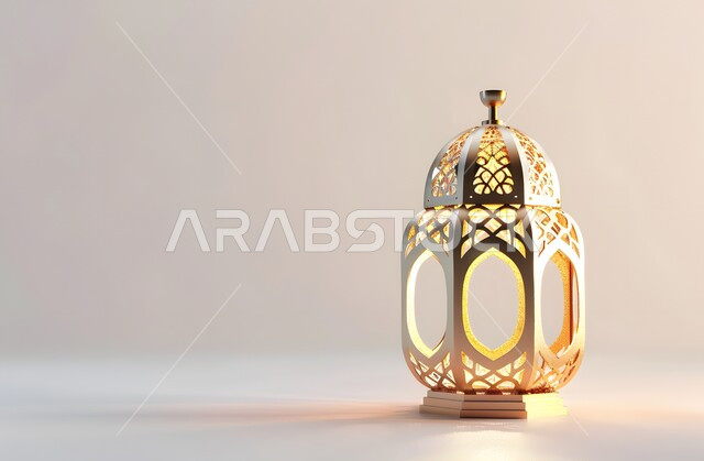 إضاءة وزينة شهر رمضان المبارك، فوانيس وتحف اسلامية تقليدية للاحتفال بقدوم شهر الخير،  فانوس عربي معدني مزخرف باللون الذهبي، مصابيح وأنوار في الأجواء الرمضانية الروحانية، خلفية بيضاء
