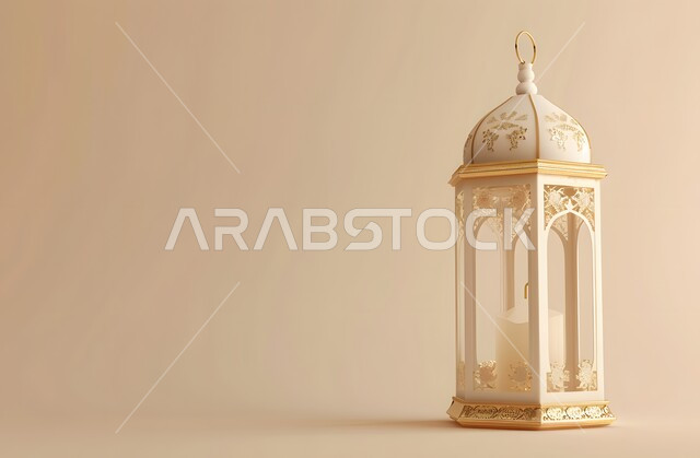 فوانيس وتحف اسلامية تقليدية للاحتفال بقدوم شهر الخير،  فانوس عربي معدني مزخرف باللون الذهبي، إضاءة وزينة شهر رمضان المبارك، مصابيح وأنوار في الأجواء الرمضانية الروحانية، خلفية بيضاء