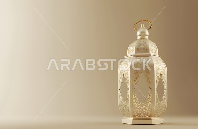  فانوس عربي معدني مزخرف باللون الذهبي، إضاءة وزينة شهر رمضان المبارك، مصابيح وأنوار في الأجواء الرمضانية الروحانية، فوانيس وتحف اسلامية تقليدية للاحتفال بقدوم شهر الخير، خلفية بيضاء