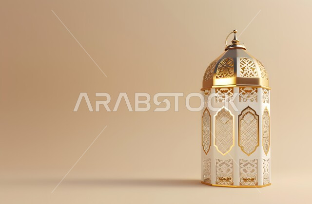 فوانيس وتحف اسلامية تقليدية للاحتفال بقدوم شهر الخير،  فانوس عربي معدني مزخرف باللون الذهبي، إضاءة وزينة شهر رمضان المبارك، مصابيح وأنوار في الأجواء الرمضانية الروحانية، خلفية بيضاء