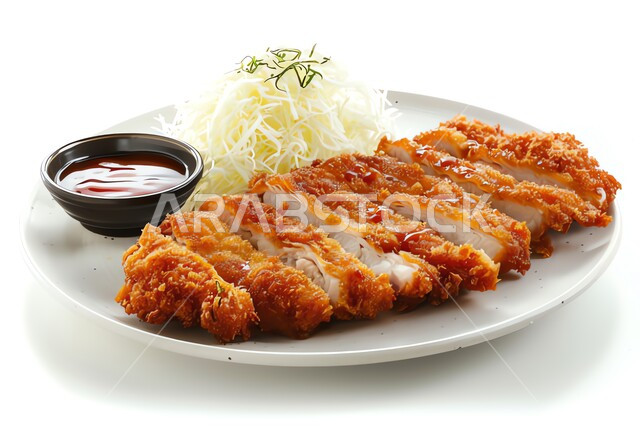 طبق من قطع الدجاج المقلية المقرمشة مع المقبلات، وصفات شرائح التشيكن بنكهات سعودية متنوعة، مطاعم للمأكولات العربية الشرقية, وجبات الغداء الشهية الساخنة, أطعمة وأغذية صحية، خلفية بيضاء