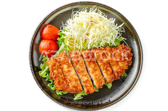 طبق من قطع الدجاج المقلية المقرمشة مع المقبلات، وصفات شرائح التشيكن بنكهات سعودية متنوعة، مطاعم للمأكولات العربية الشرقية, وجبات الغداء الشهية الساخنة, أطعمة وأغذية صحية، خلفية بيضاء