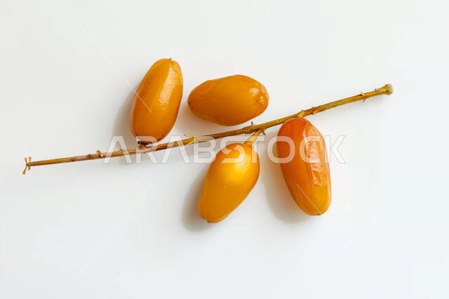 وجبة ذات قيمة غذائية عالية، عنقود من حبات التمر الصحي شقراء اللون، تمر دقلة نور، ضيافة رمضانية تقليدية، أنواع التمور الفاخرة في المملكة العربية السعودية، ثمار ومحاصيل زراعية محلية وطنية، خلفية بيضاء