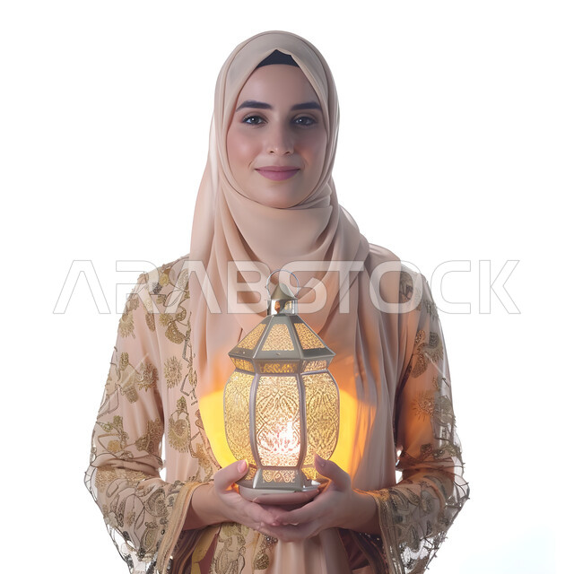 Looking at the camera with an expression of happiness, a close-up portrait of a veiled Saudi Arabian Gulf woman wearing an abaya and holding a lighted metal lantern in her hand, joy and happiness at the arrival of the holy month of Ramadan, decorations and lights of the holy month, a white shadow